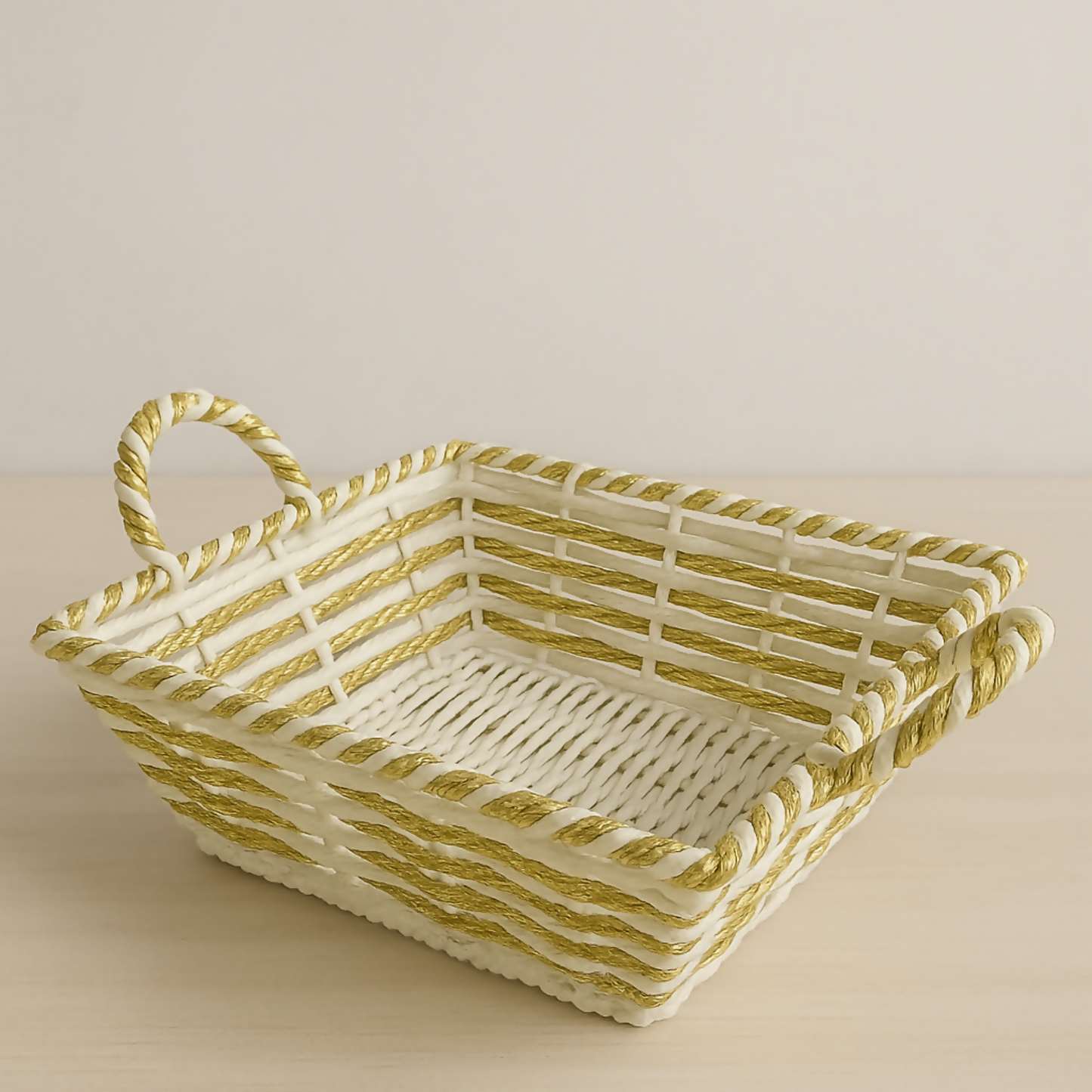 Handmade Decorative Storage Basket with Dual Handles – White & Golden Woven Multipurpose Organizer for Snacks, Fruits, Dry Fruits, Bread, Gift Hampers, Kitchen & Table Décor