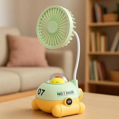 Cute Green Cartoon Desk Fan with LED Night Light & Pencil Sharpener for Kids