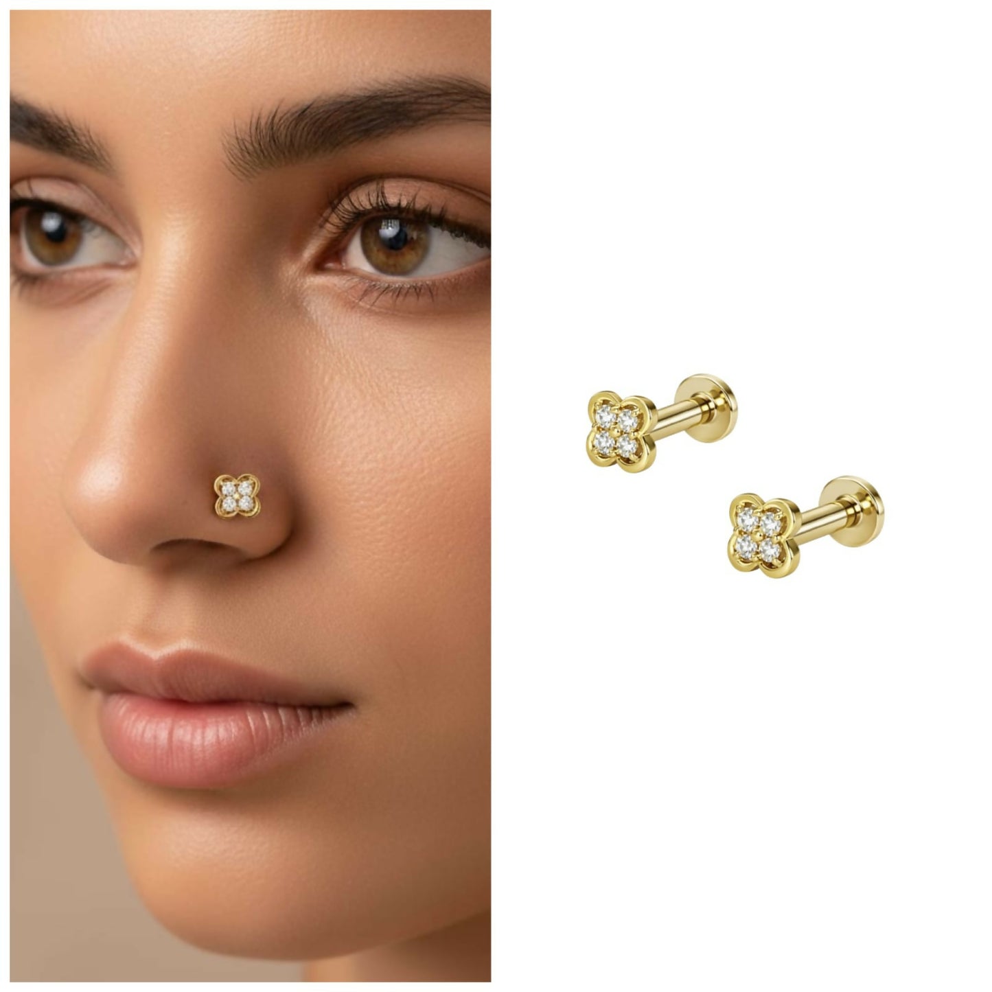 Gold Plated Floral AD Flat Back AD nosepin Stud for women and girls Combo Pack of 2