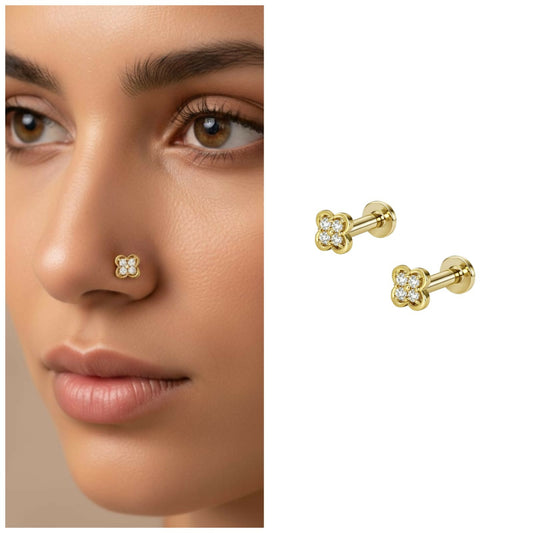 Gold Plated Floral AD Flat Back AD nosepin Stud for women and girls Combo Pack of 2