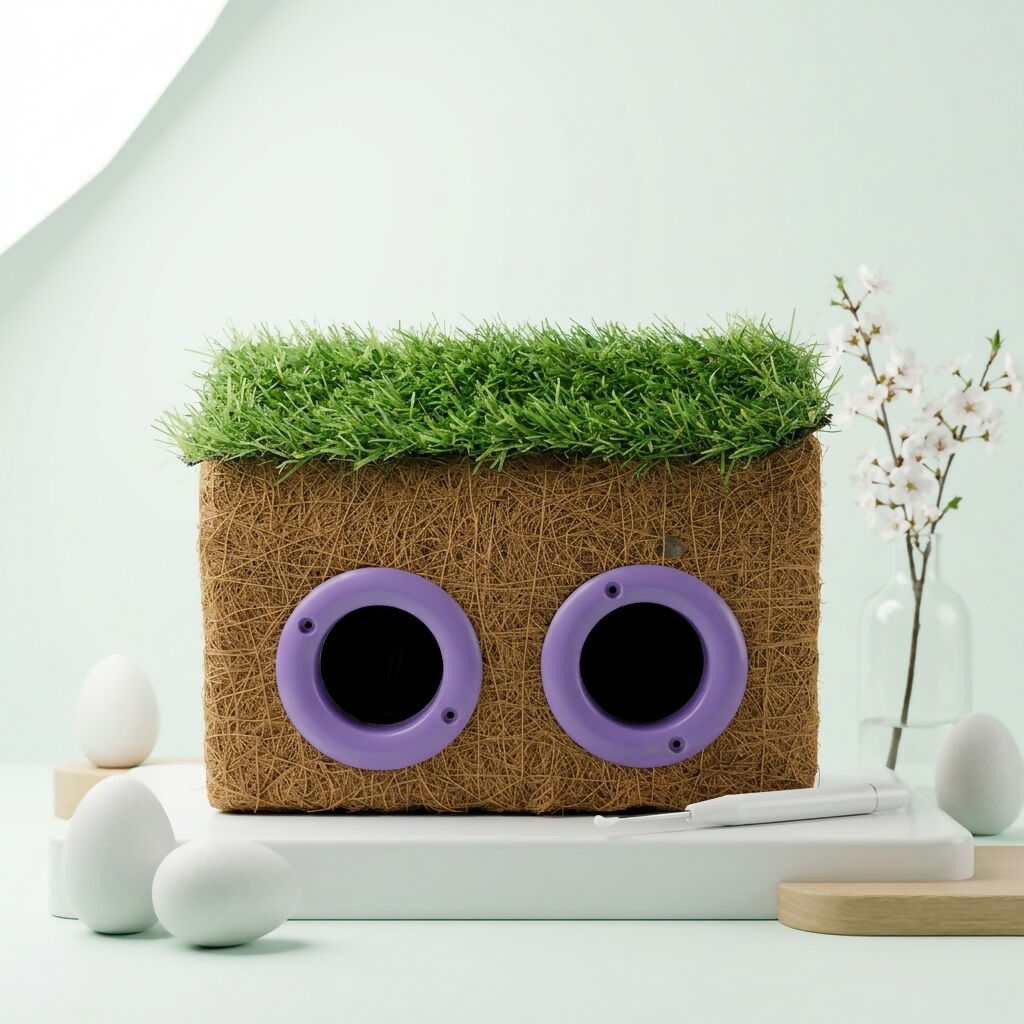 Eco-friendly bird house showing grass roof