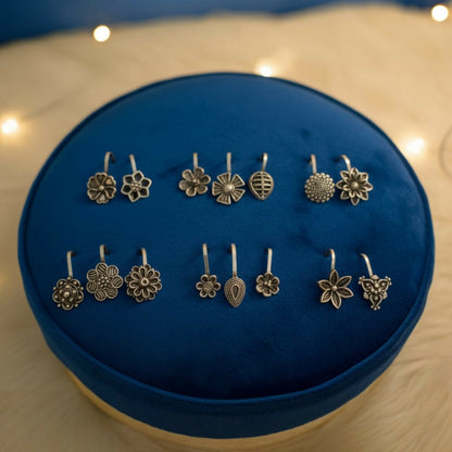 Oxidized Silver Traditional Floral Nose Pins Combo for Women & Girls (Pack of 15)