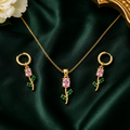 Pink Crystal Necklace Set – Floral Pendant Earrings for Women