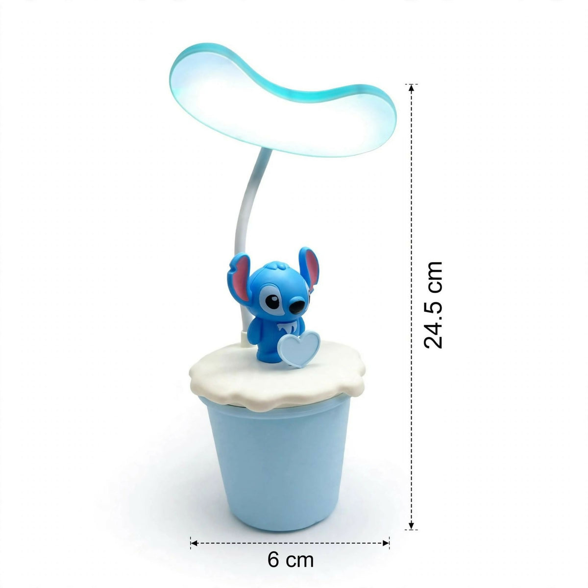 The blue Stitch desk lamp with white dimension lines indicating its height of 24.5 cm and base width of 6 cm.