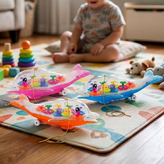 Colorful Musical Light-Up Dolphin Toy with Rotating Gears and Pull String for Kids