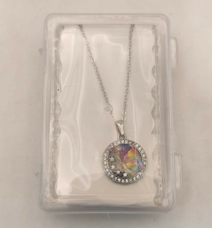 Rainbow Enamel Butterfly Circle AD Halo Pendant Necklace For women and girls
