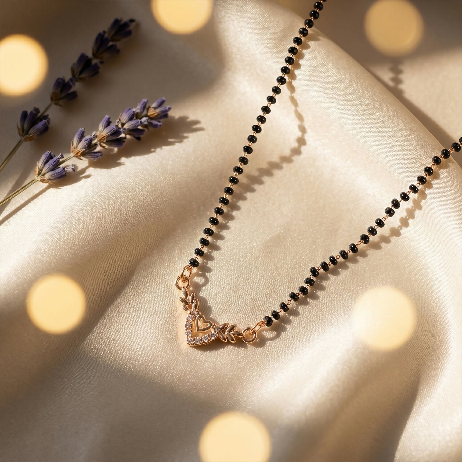Rose Gold Finish Heart & Wheat Leaf V-Drop CZ Pendant Mangalsutra