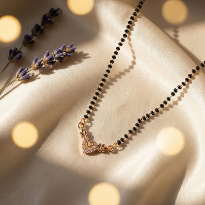 Rose Gold Finish Heart & Wheat Leaf V-Drop CZ Pendant Mangalsutra