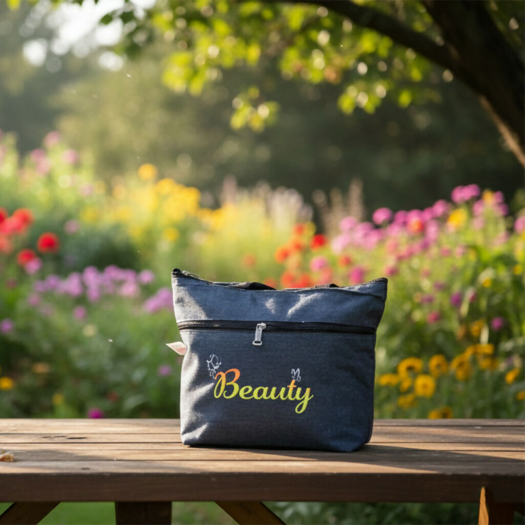 Stylish Denim Shopping Bag with Green Handles – “Beauty” Tote