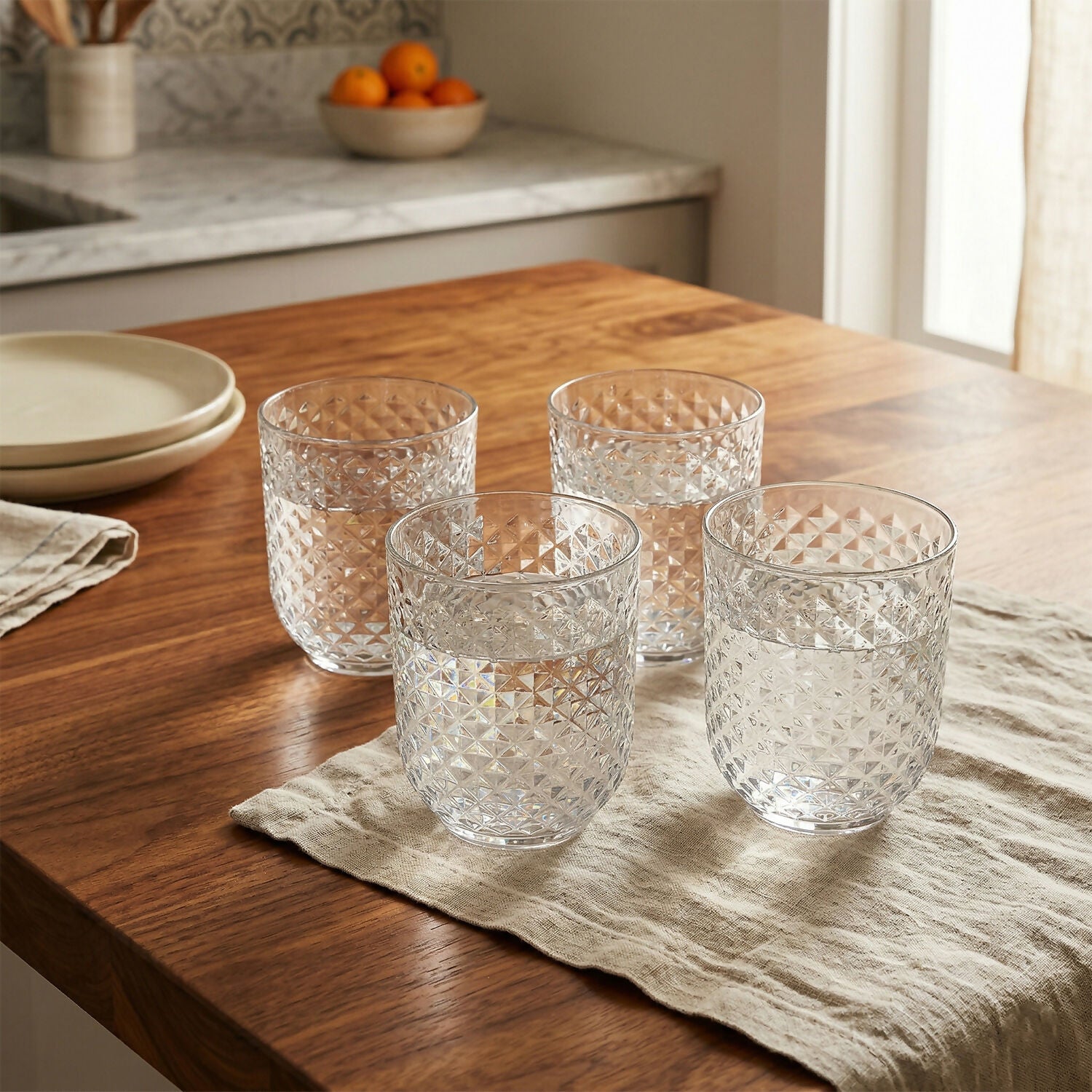 Premium Diamond Textured Plastic Glass Set Crystal Clear Tumblers for Drinks (4 Pc)