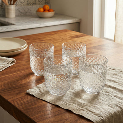 Premium Diamond Textured Plastic Glass Set Crystal Clear Tumblers for Drinks (4 Pc)