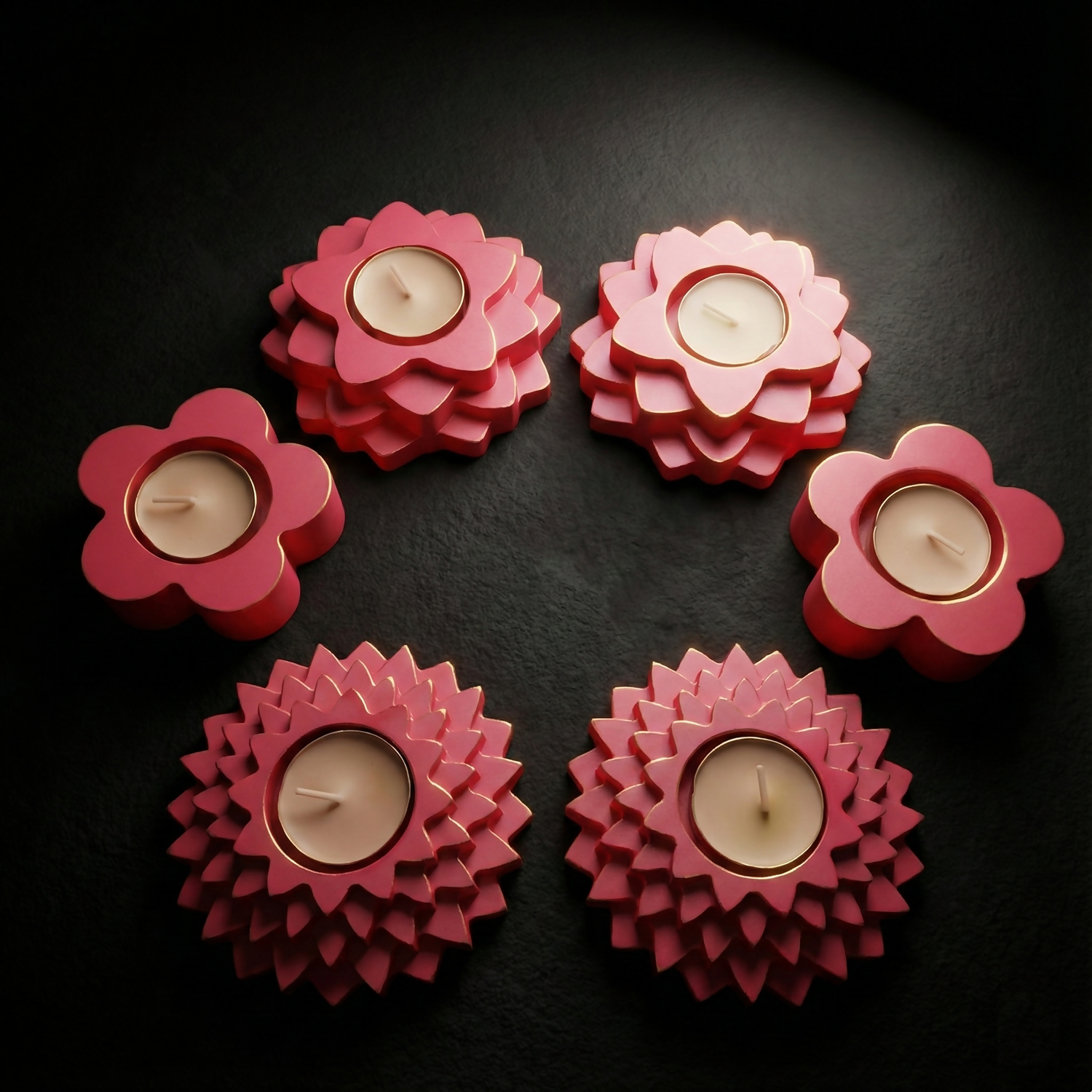 5-Step, 4-Step, Flower shaped combo gypsum articles – Multi-Purpose Candle Holder, Dhoop Cone Stand, Pooja Diya & Mini Planter (Pack of 6 - Rose Gold, Metallic Pink)