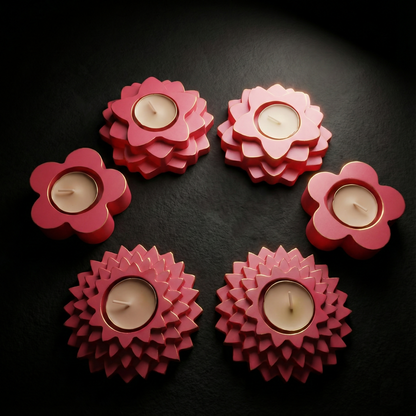 5-Step, 4-Step, Flower shaped combo gypsum articles – Multi-Purpose Candle Holder, Dhoop Cone Stand, Pooja Diya & Mini Planter (Pack of 6 - Rose Gold, Metallic Pink)