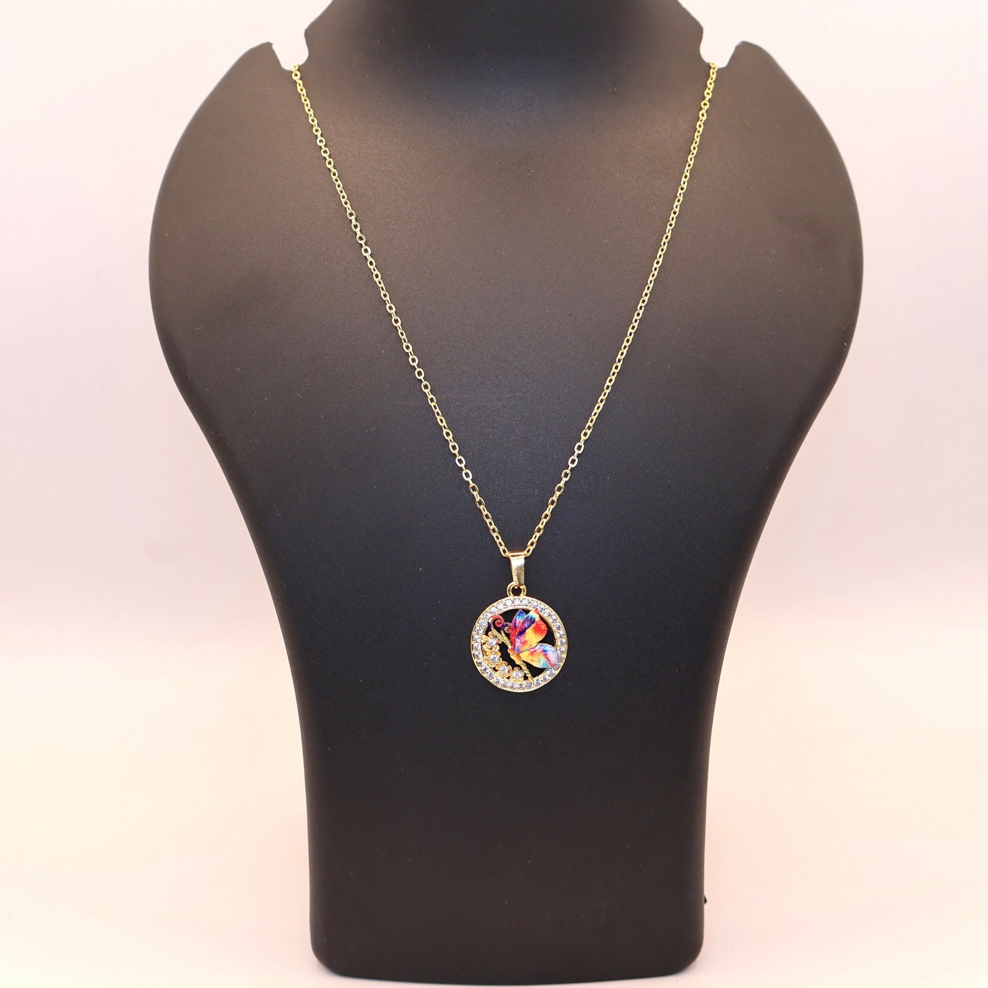 Gold Butterfly Pendant Necklace - Colorful Crystal Circle For women and girls