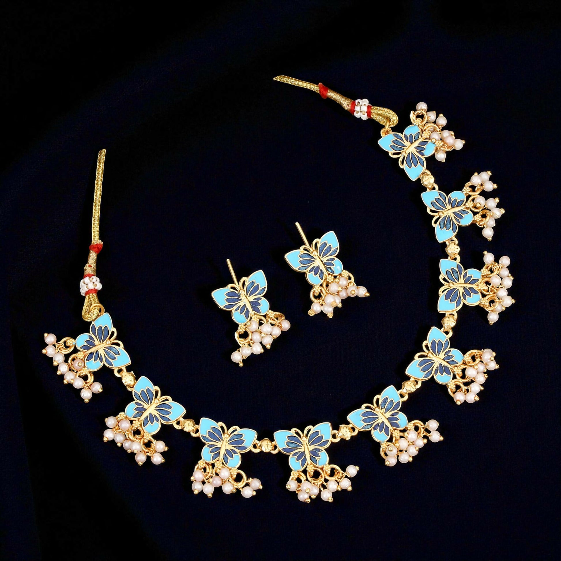 Gold-Plated Meenakari Butterfly Motif Necklace and Earring Set