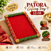 Rectangular Wedding Tray with Printed Fabric Borders and Gold-Tone Corner Decorations