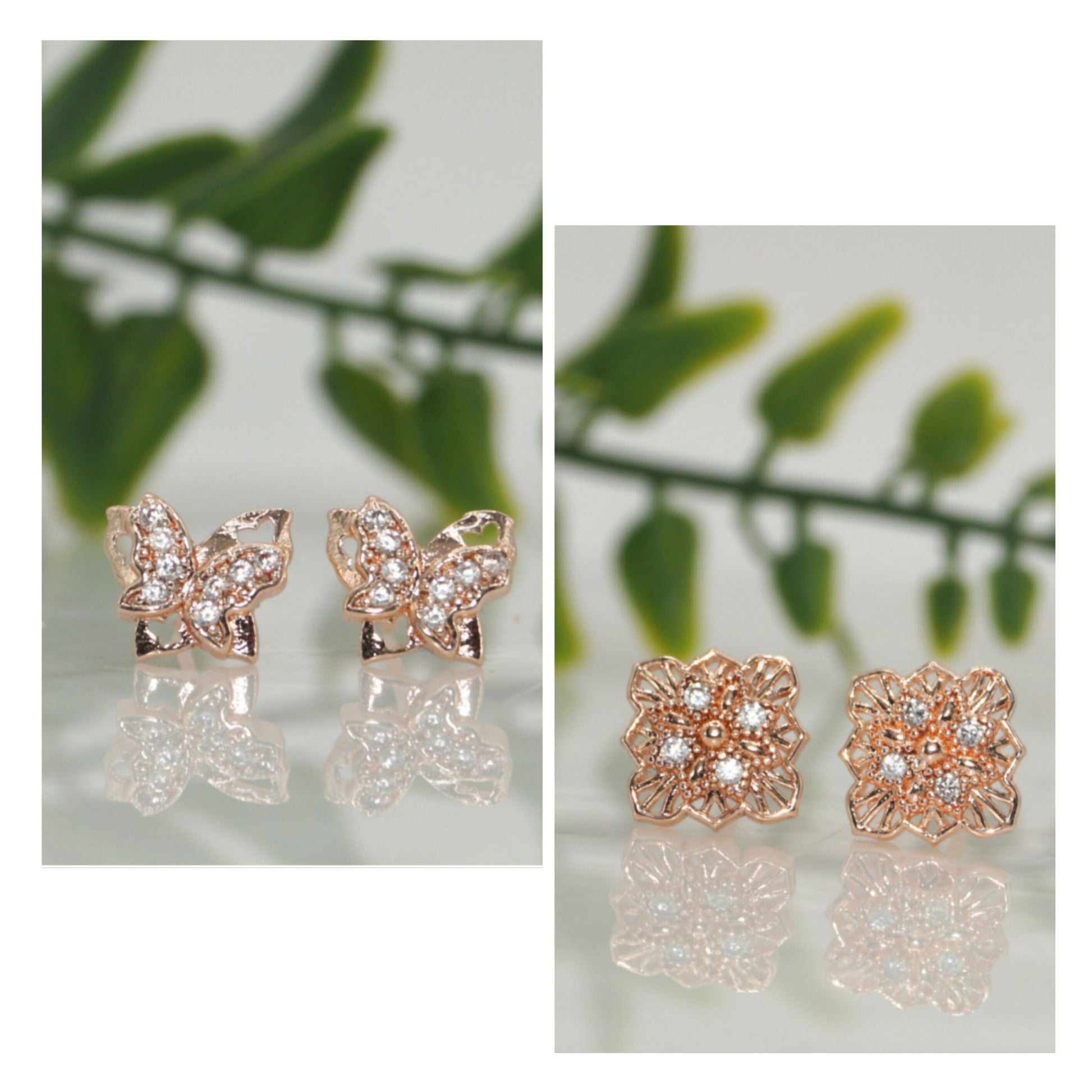 Rose Gold Butterfly & Filigree Square Stud Earrings Set for women and girls Combo Pack of 2