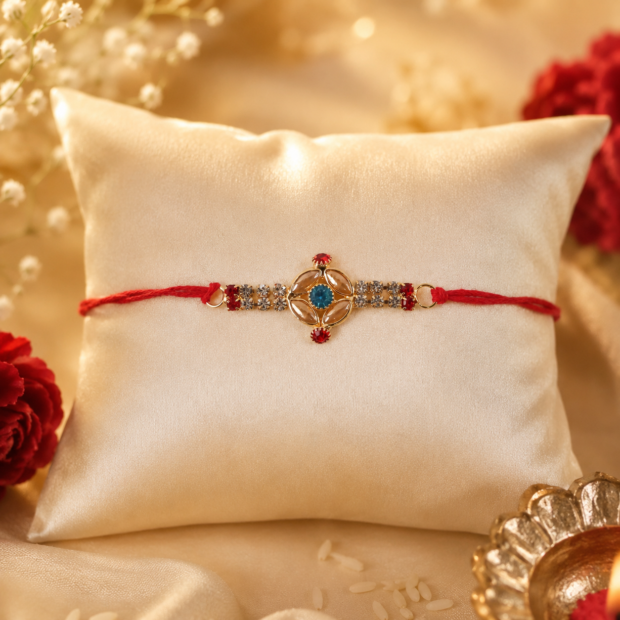 Tiny Oval Stone Rakhi with Red Thread and Delicate Gold Beads