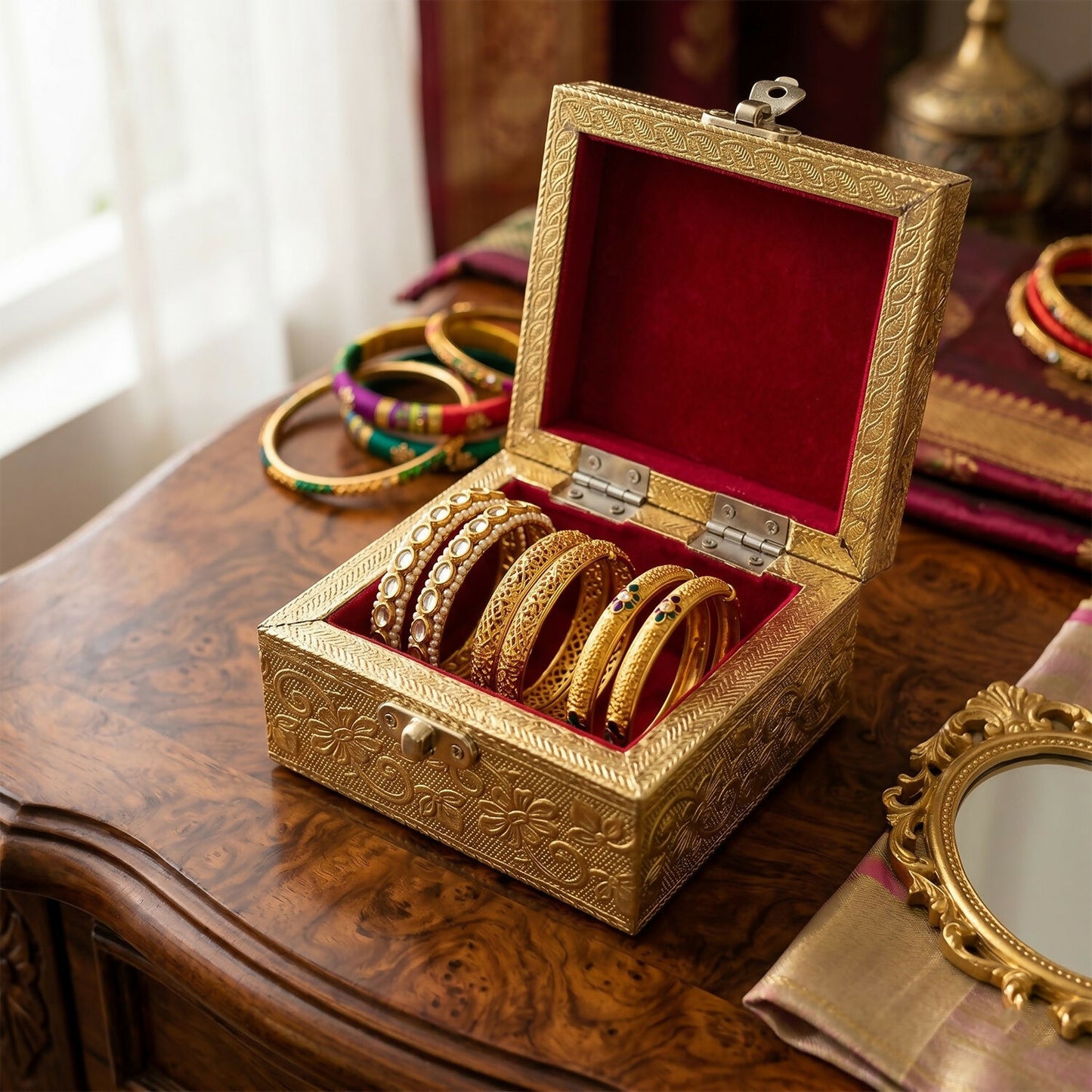 Golden elephant metal jewellery box open view India