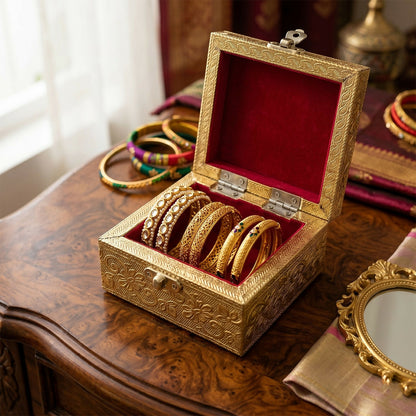 Golden elephant metal jewellery box open view India