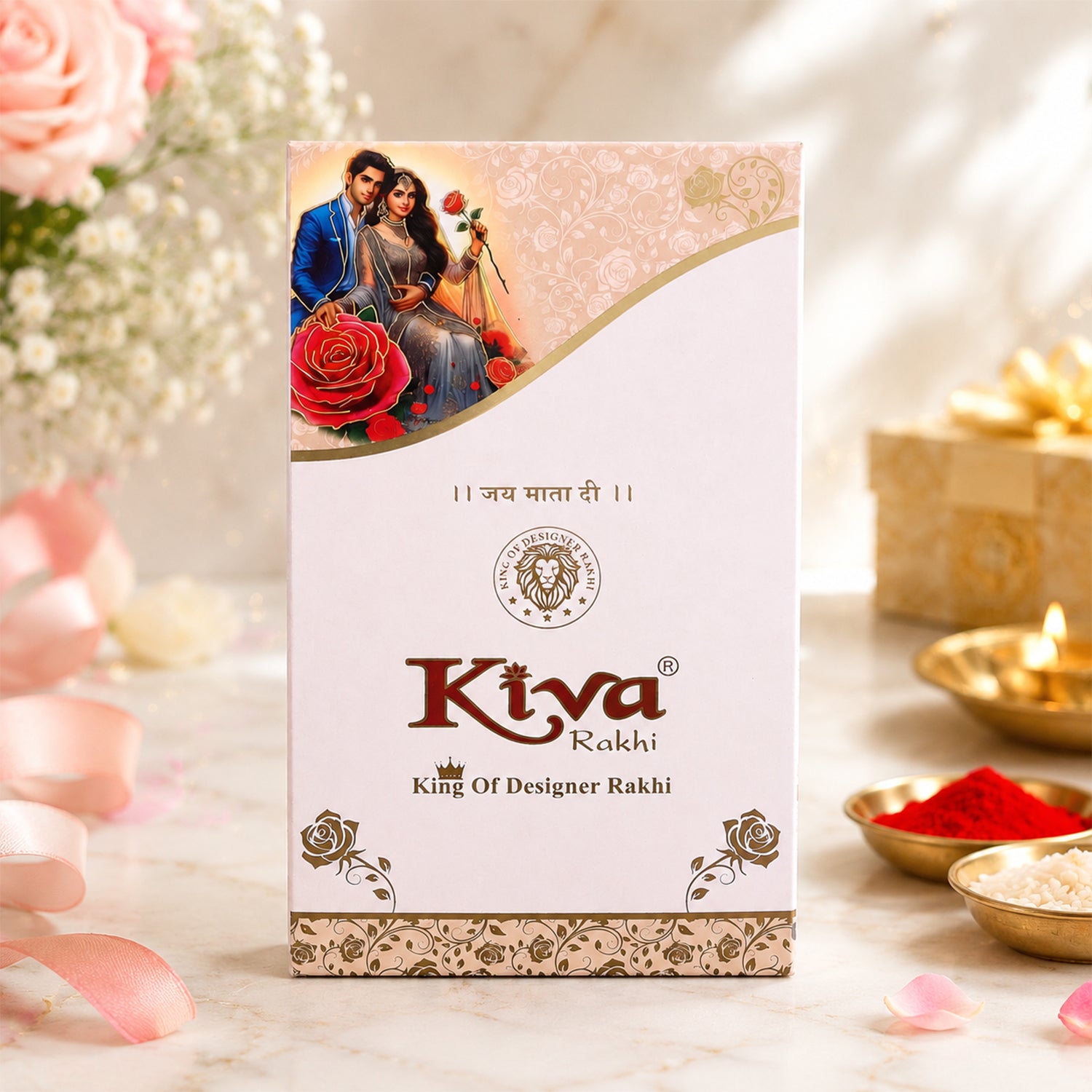 Bhaiya Bhabhi Floral Meenakari Rakhi & Pearl Drop Lumba Combo Set Gift