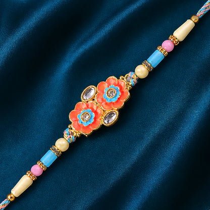 Ornate Rakhi with Butterfly Bloom Charm, multicolor stones and bead line for Gift Use