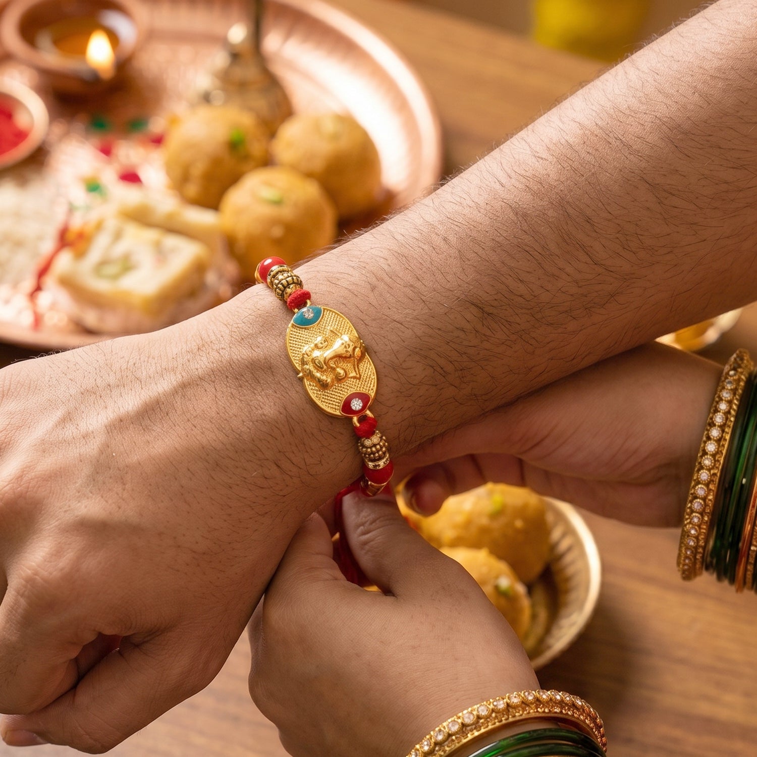 Golden Ganesh Rakhi for Boys with Red and Green Beads