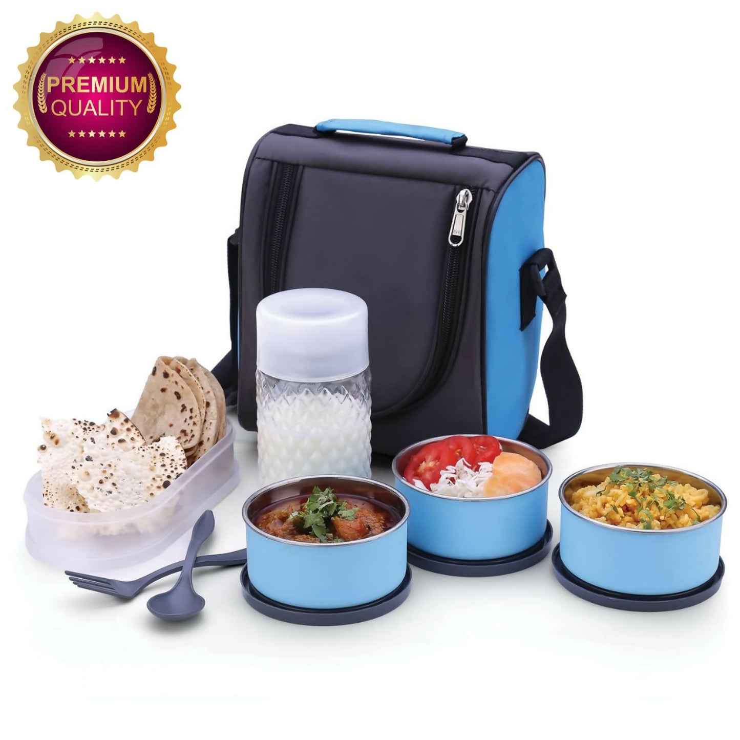 Stainless steel multi-compartment lunch box with leak-proof lids and insulated carry bag