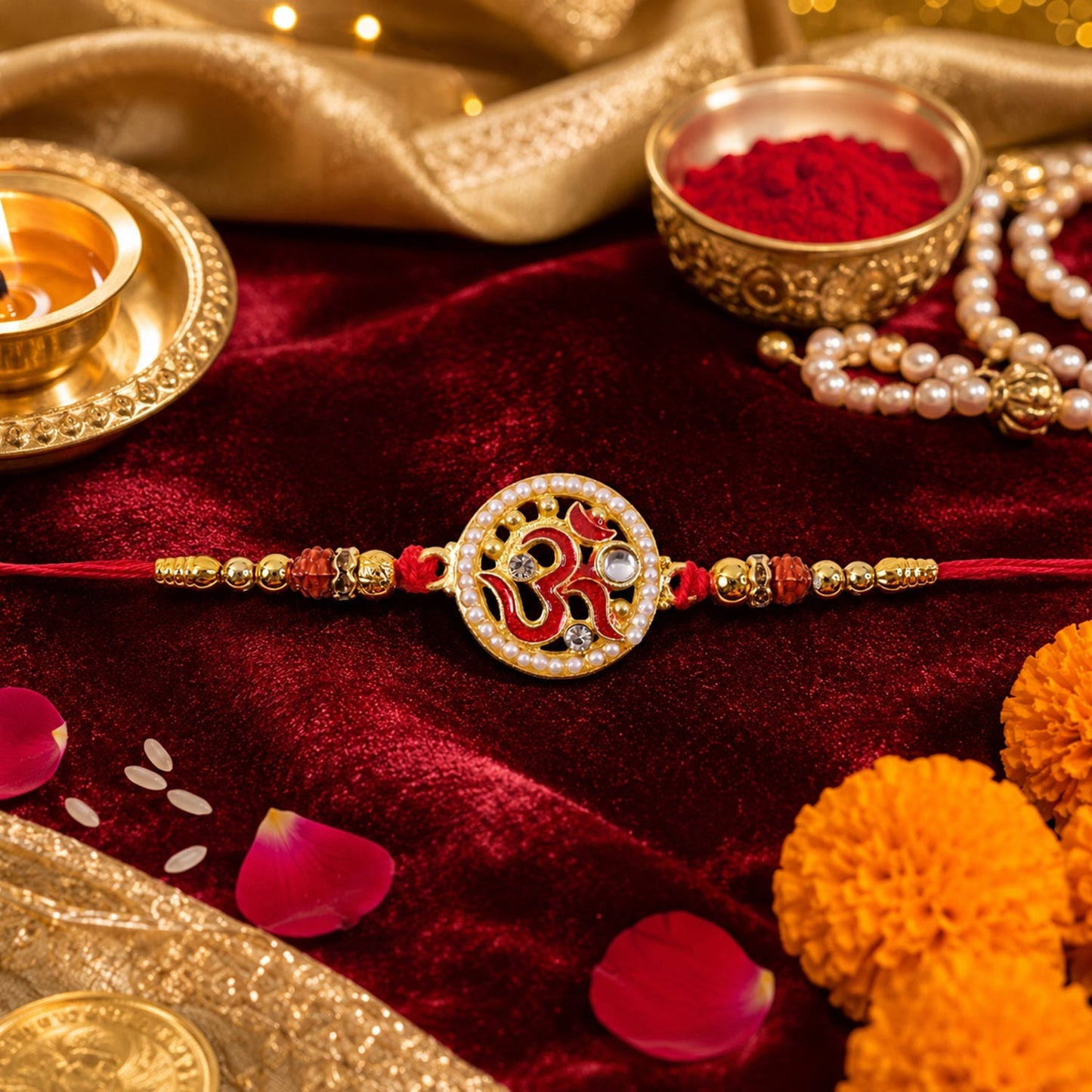Om Pearl Kundan Beaded Rakhi for Brother (5pcs)