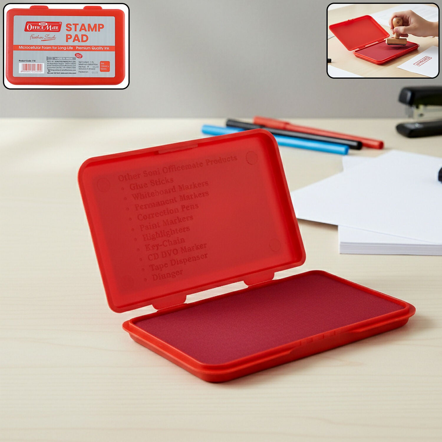 OfficeMate Red Stamp Pad – Microcellular Foam, Premium Fast-Dry Ink (155×95 mm)