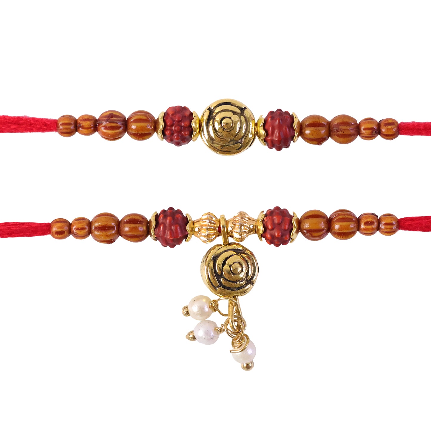 Amber Beaded Rose Couple Rakhi Set with Rudraksha Style Accents and Pearl Lumba Gift