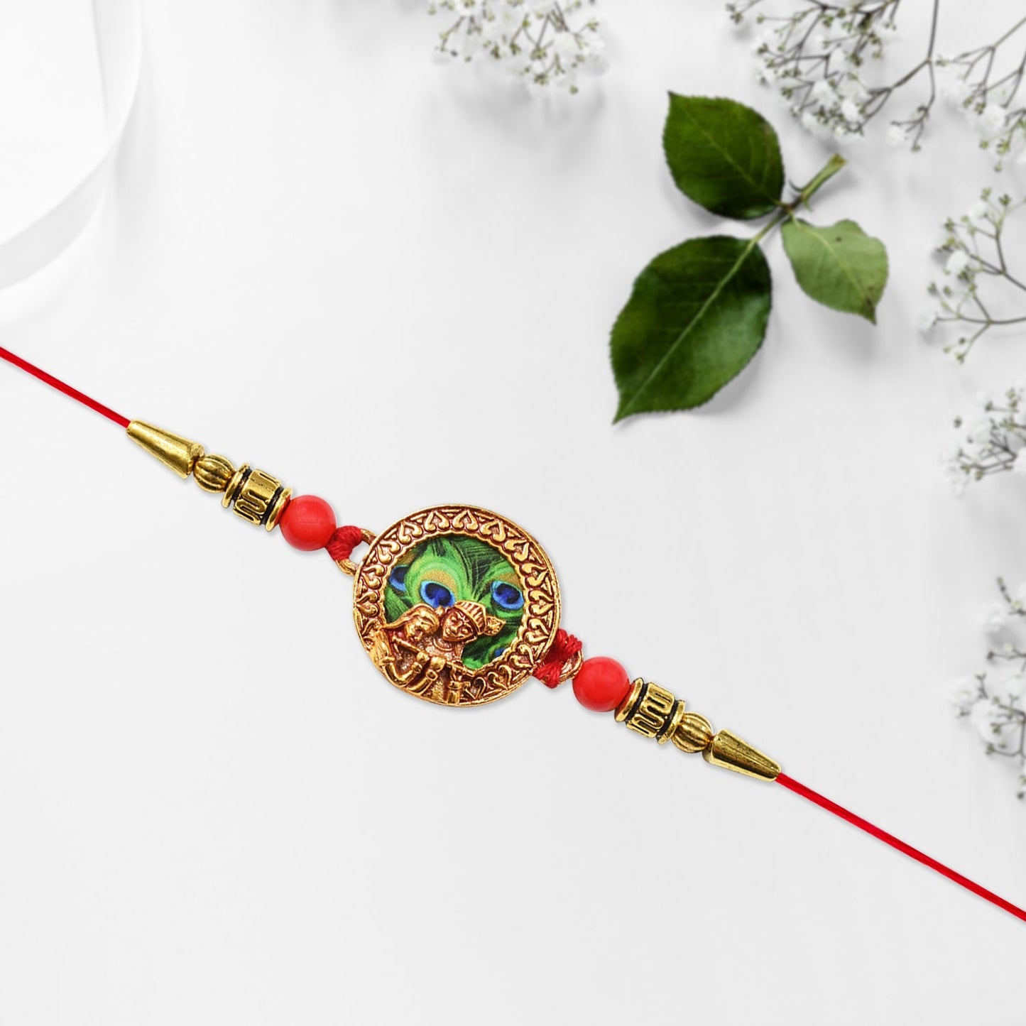 Krishna Rakhi, Traditional Peacock Feather Design with Beads (10pcs)