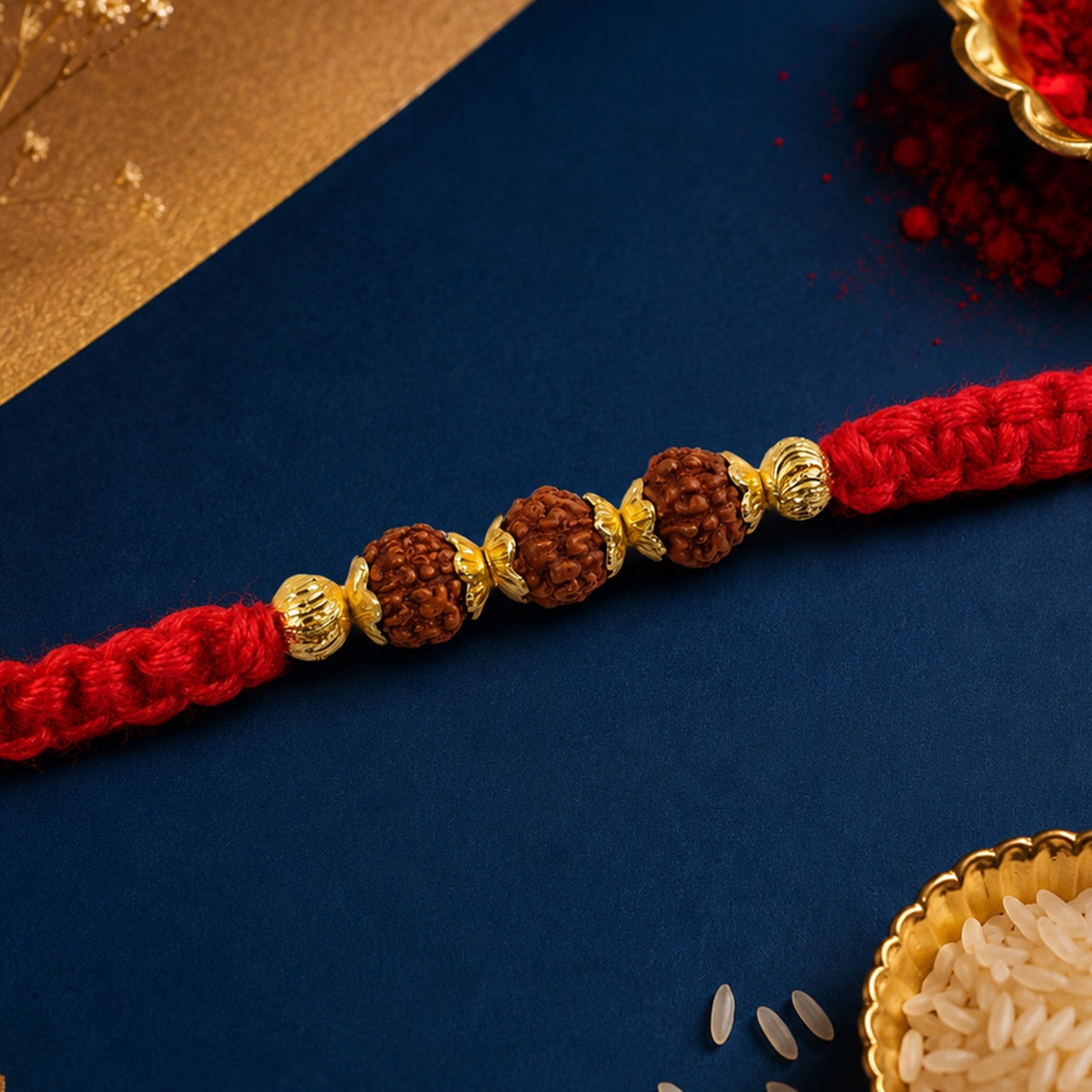 Red Braided Rakhi with Rudraksha Beads and Golden Bead Accents