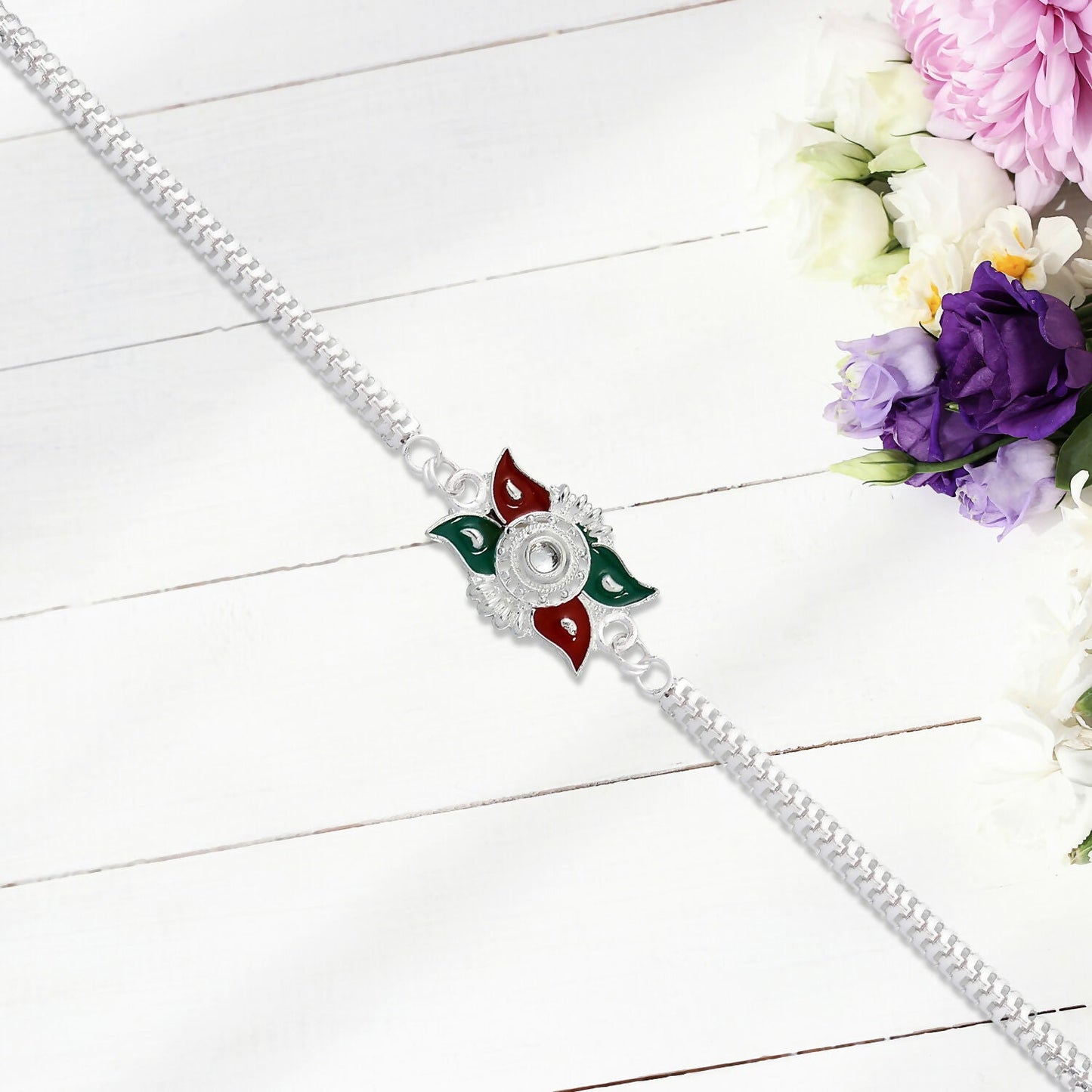 Silver Chain Rakhi Red Green Enamel Floral Design for Brother (10pcs)