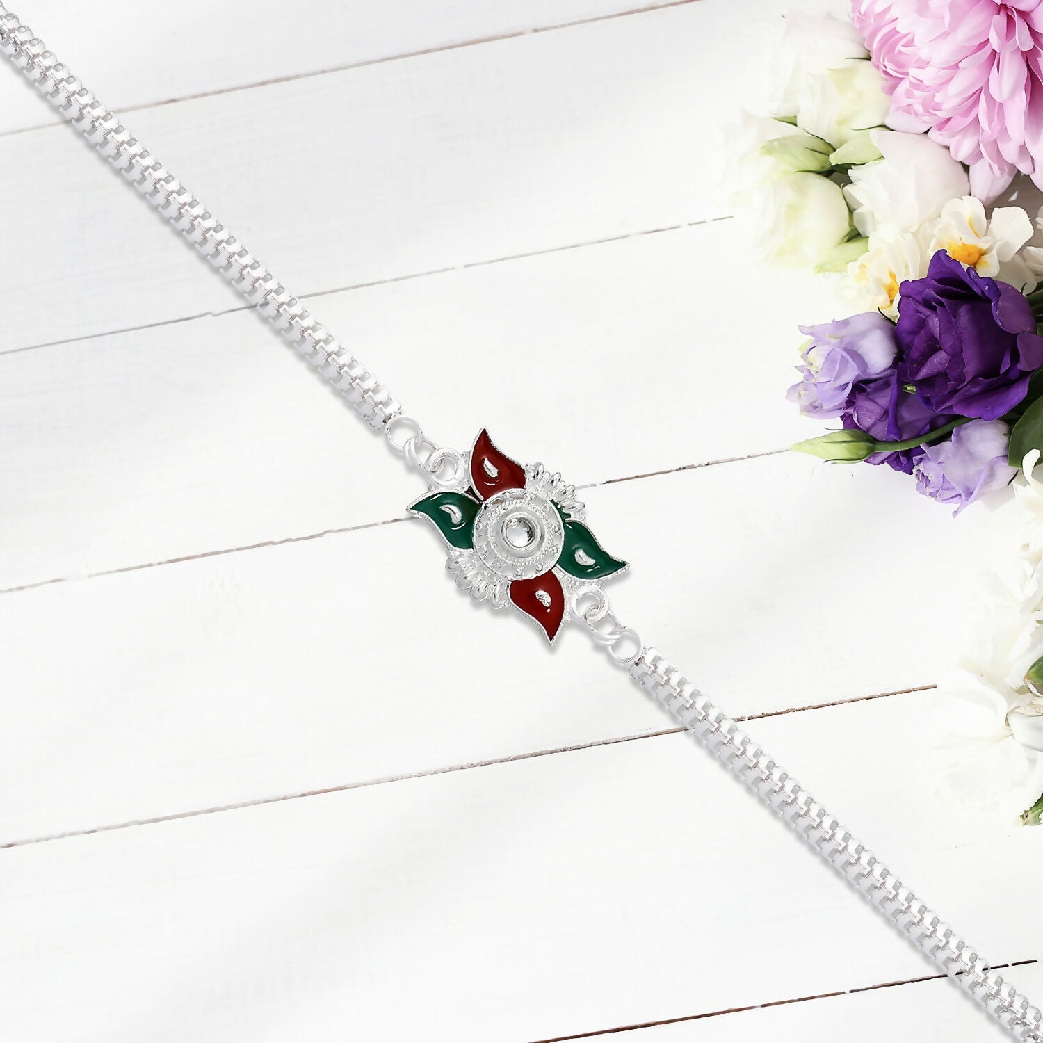 Silver Chain Rakhi Red Green Enamel Floral Design for Brother (10pcs)