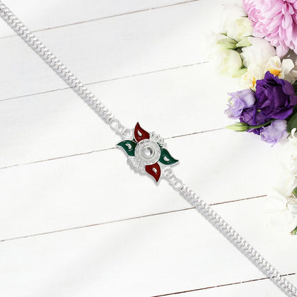 Silver Chain Rakhi Red Green Enamel Floral Design for Brother (10pcs)