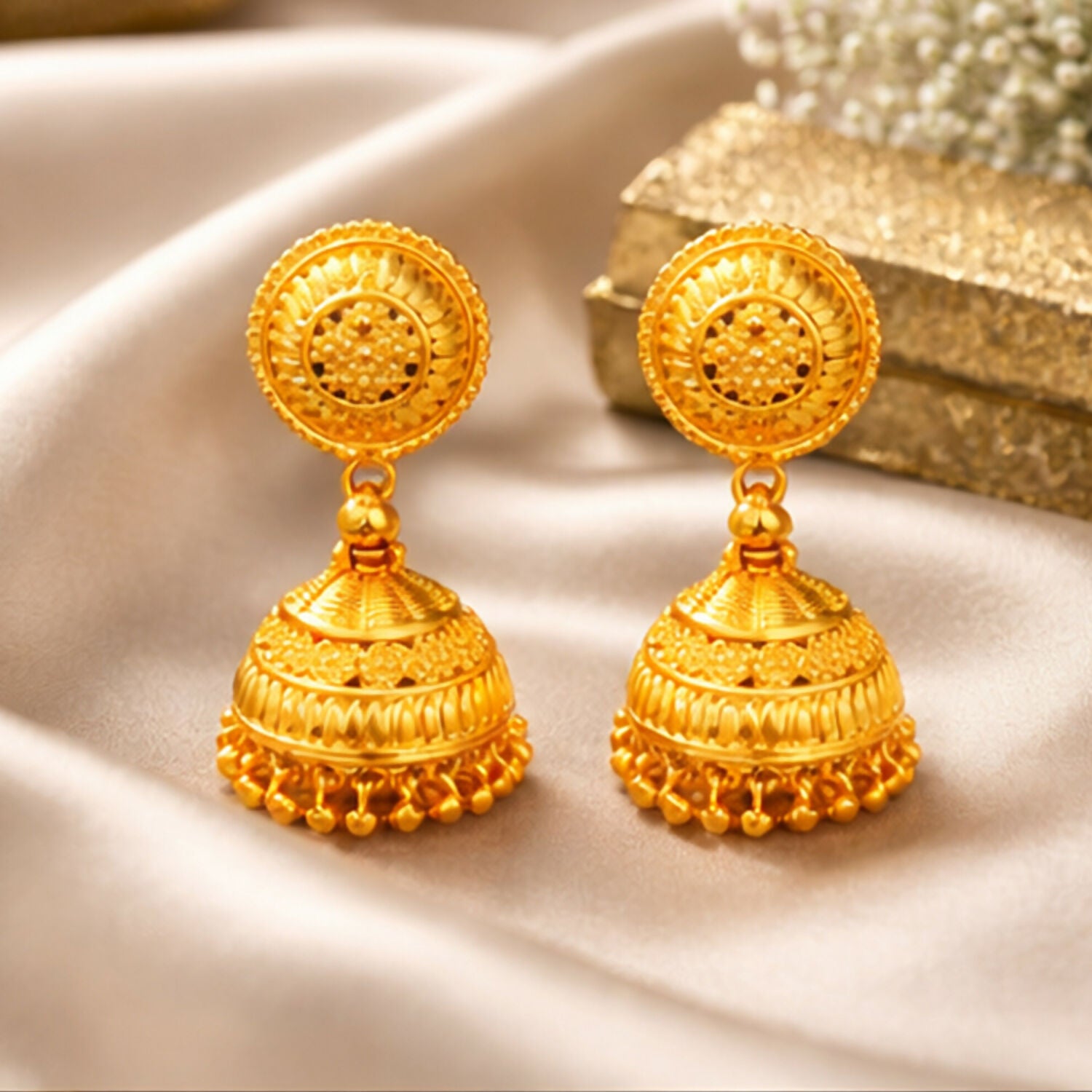 Pair of designer jhumka earrings enhancing festive ethnic wear