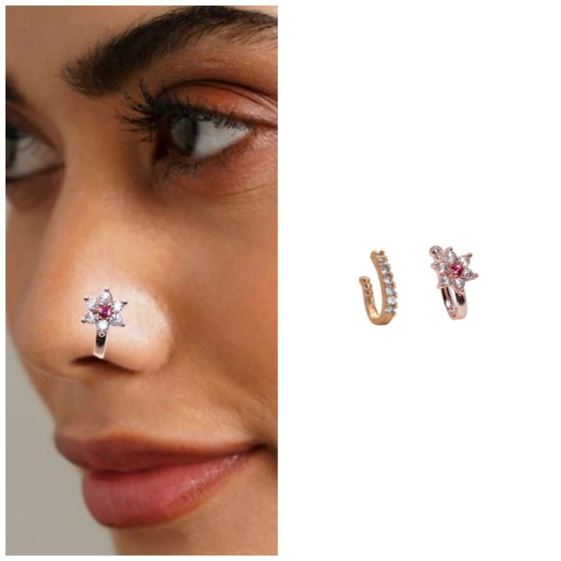 2 Pcs Non-Piercing CZ Nose Clip Set - Flower & Pave Hoop Combo Pack of 2