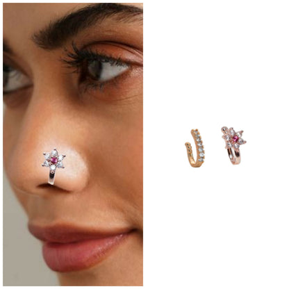 2 Pcs Non-Piercing CZ Nose Clip Set - Flower & Pave Hoop Combo Pack of 2