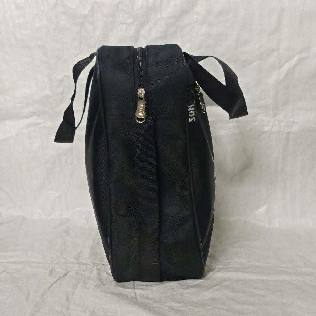 Open insulated lunch bag showing large main compartment and front zippered pocket for cutlery and snacks.