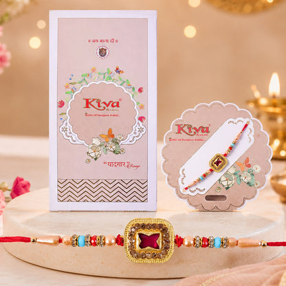 Royal Maroon Cushion Stone Kundan Rakhi for Brother with Pearls & Beads