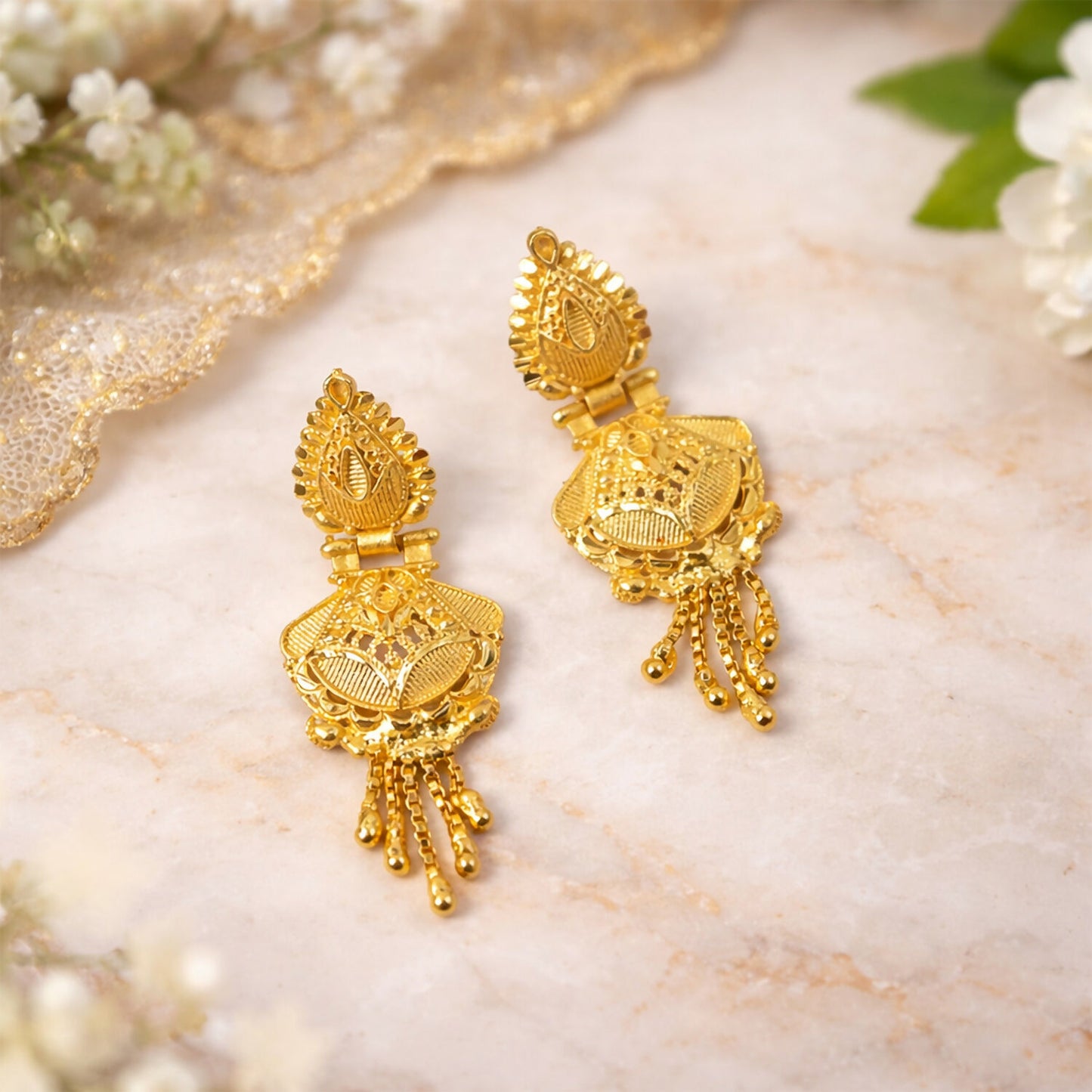 Luxurious Festive Wear Gold Dangle Earrings with Intricate Carved Design and Hanging Gold Beads