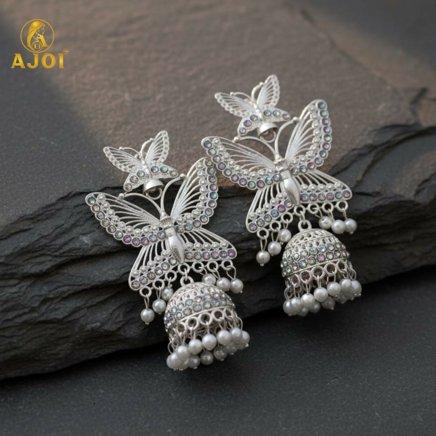 Silver Plated Butterfly Designer Jhumka Earrings with Pearl Drops for Women & Girls