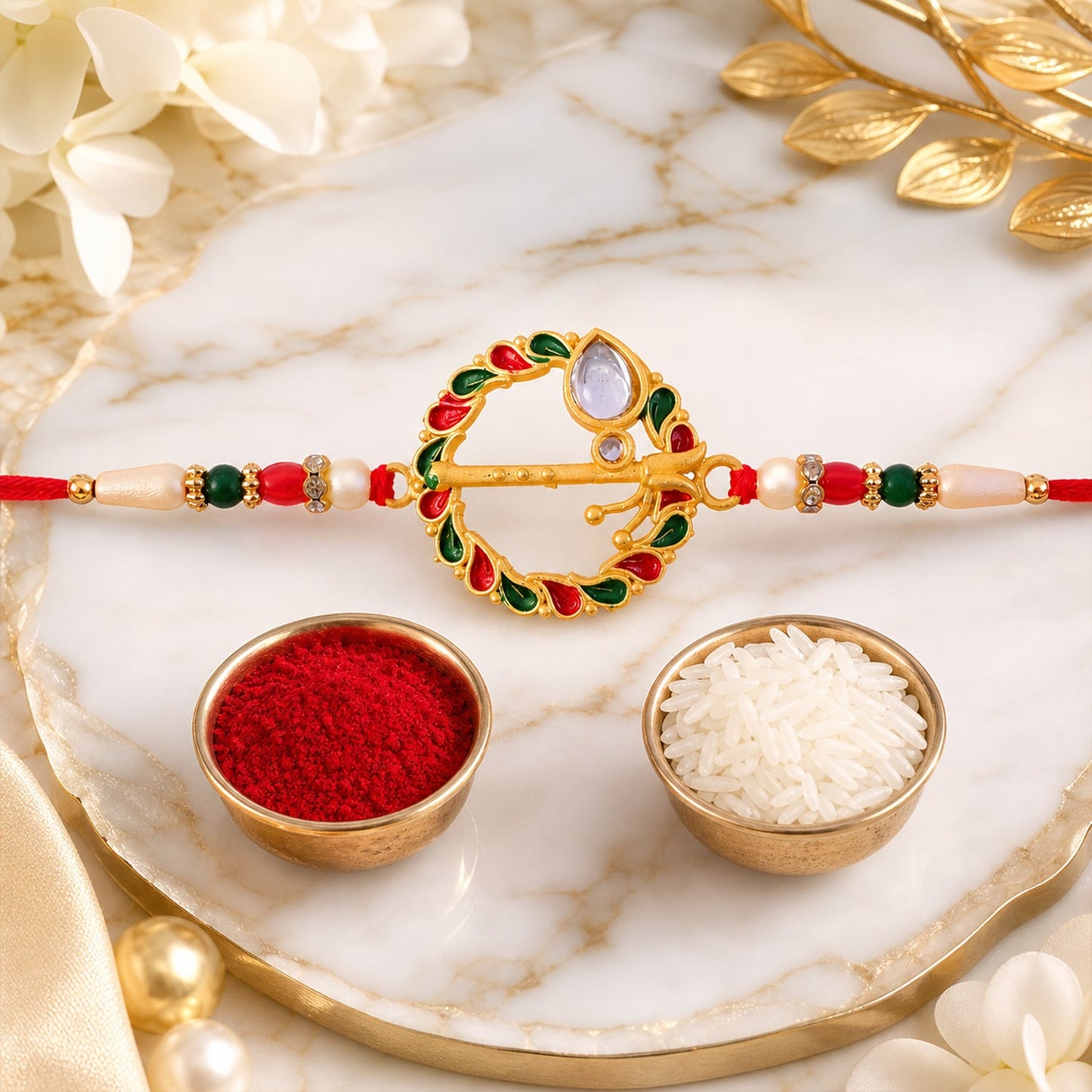 Krishna Flute Rakhi Traditional Design with Colorful Leaf Beads (10pcs)