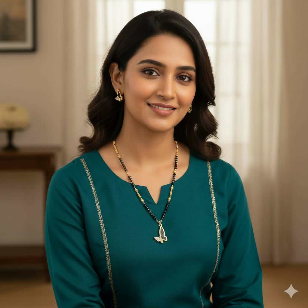 Close-up of gold-plated butterfly mangalsutra pendant with matching earrings