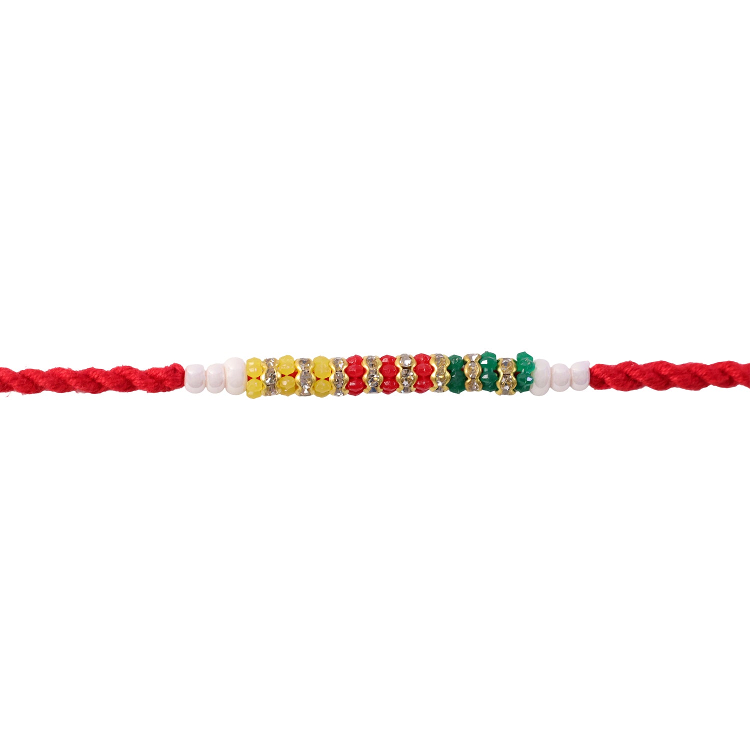 Red Braided Rakhi with Green, Yellow and White Bead Pendant Row