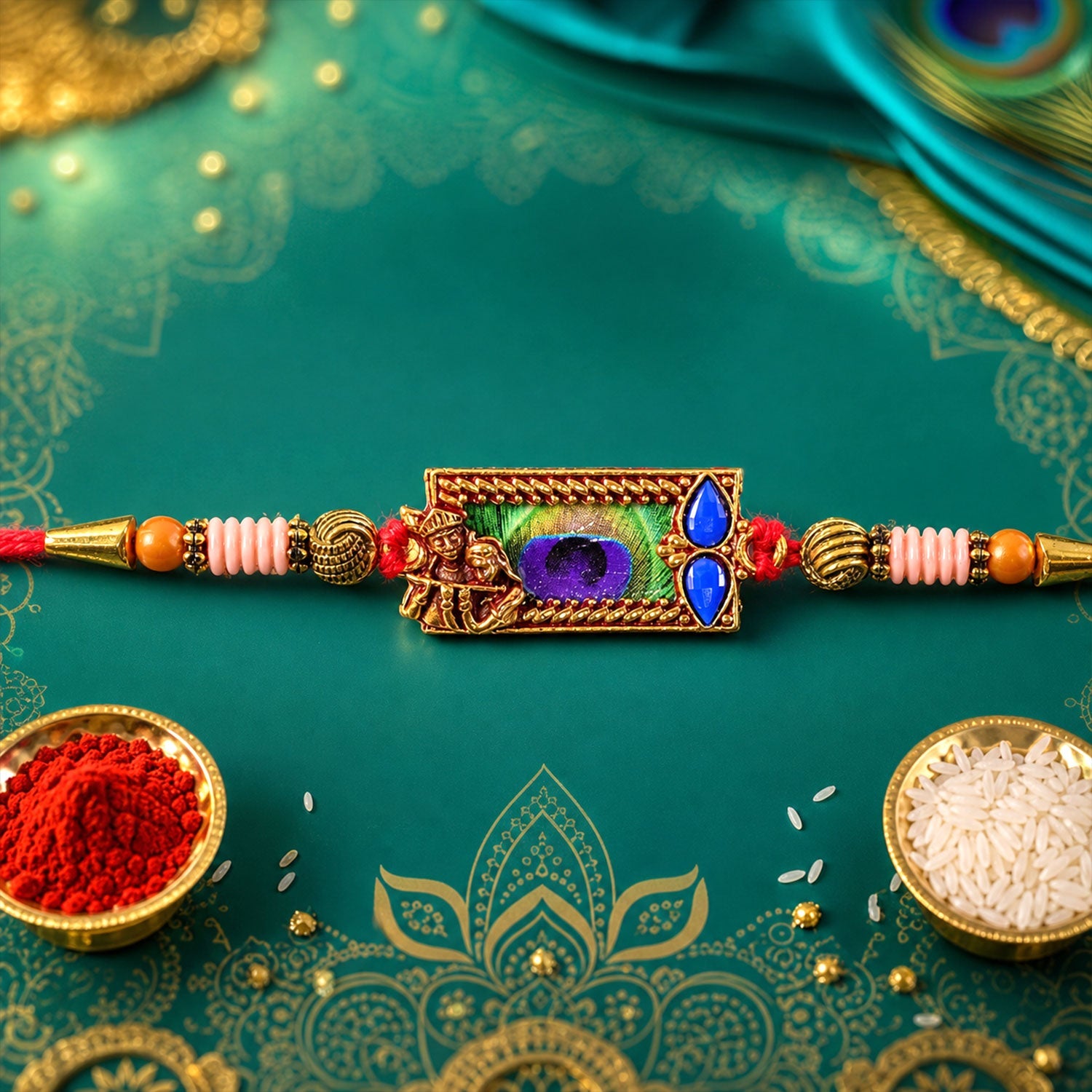 Radha Krishna Rakhi Mor Pankh Design for Brothers on Raksha Bandhan (5pcs)