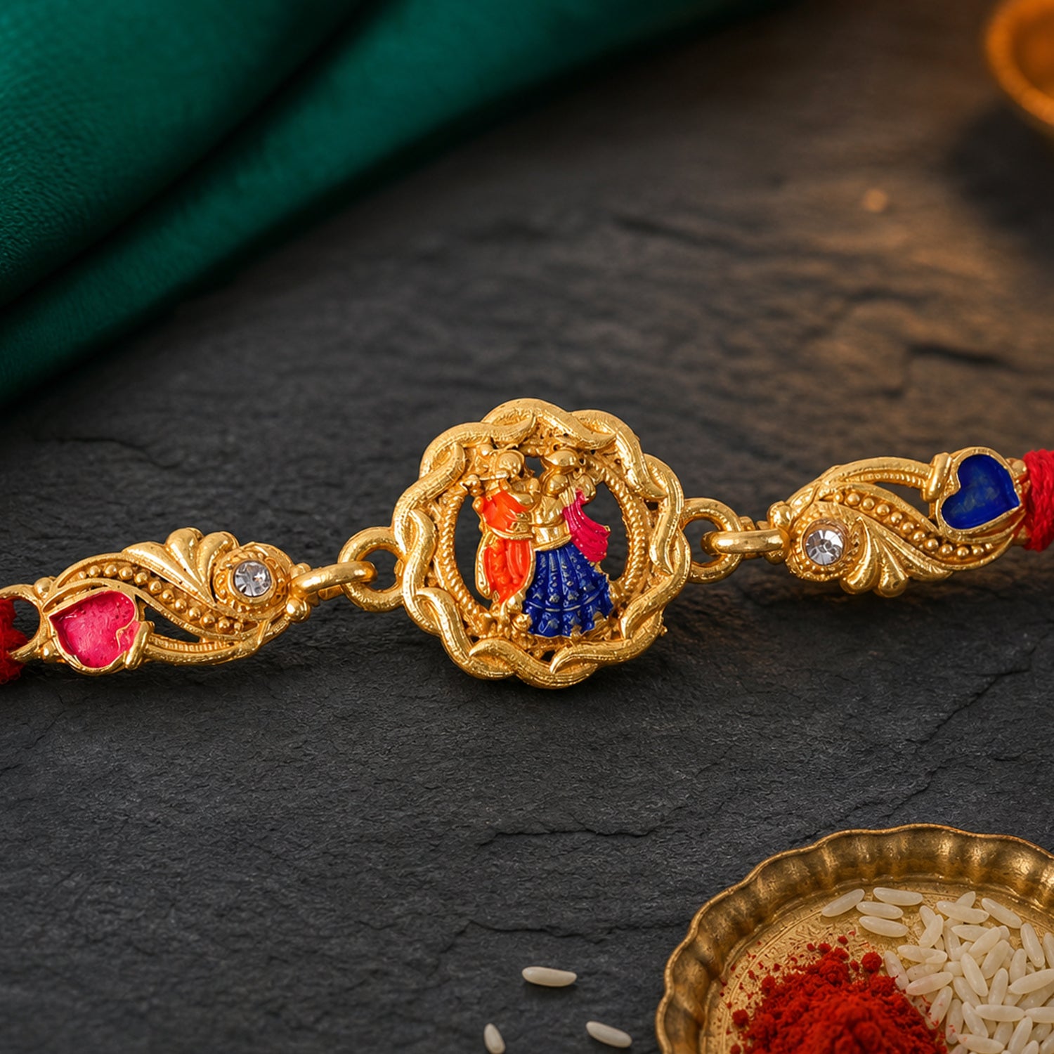 Gold-Toned Radha Krishna Rakhi with Multicolor Enamel, Crystal Accents & Red Thread