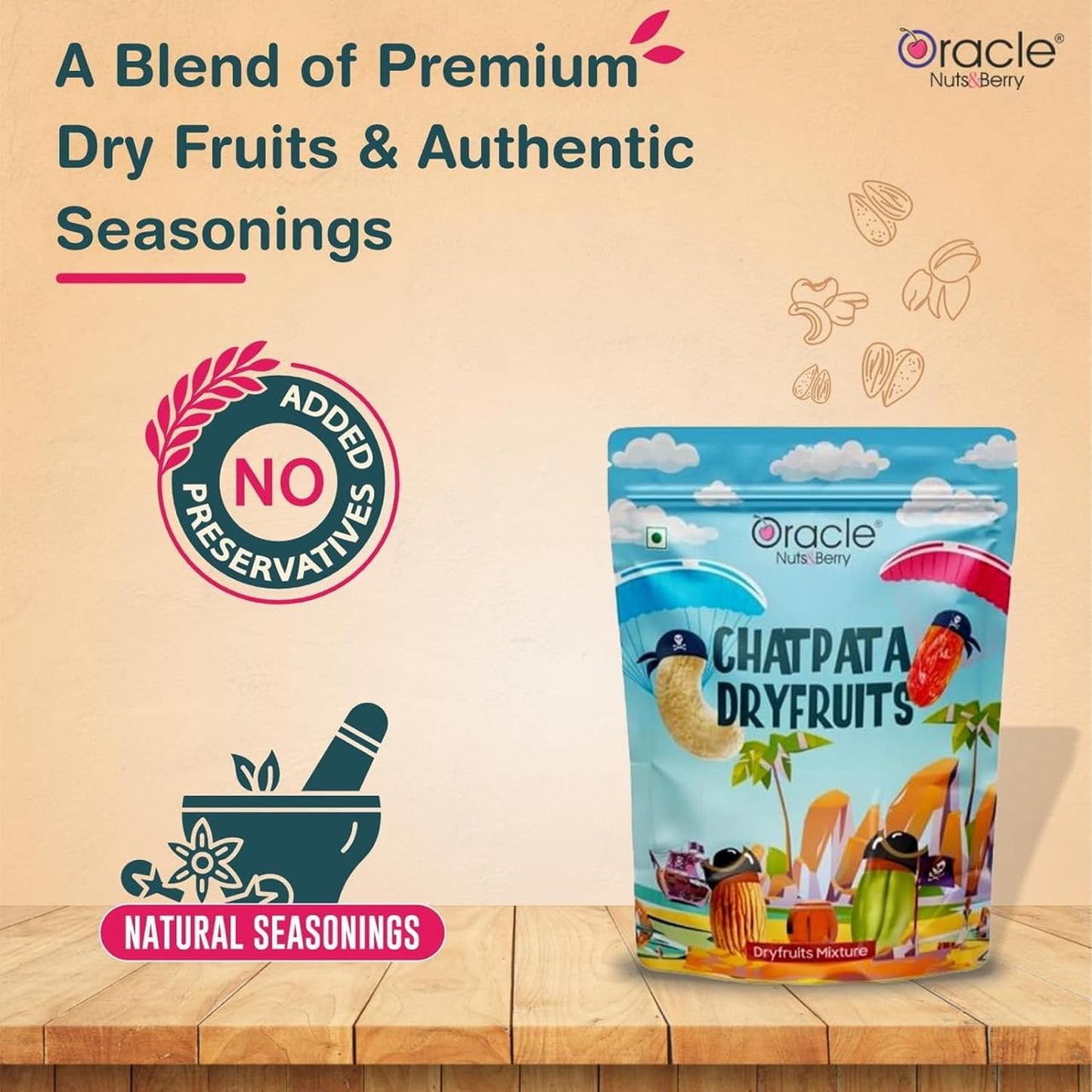 Close-up of the crunchy Chatpata Dry Fruit Mixer with masala coating.