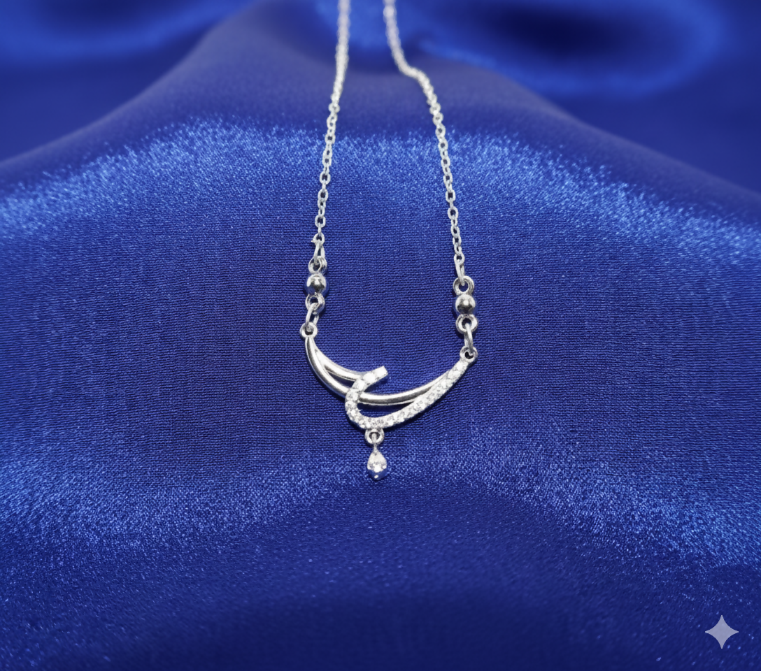 Silver Tone AD Pave Crescent Curve Drop Pendant Necklace